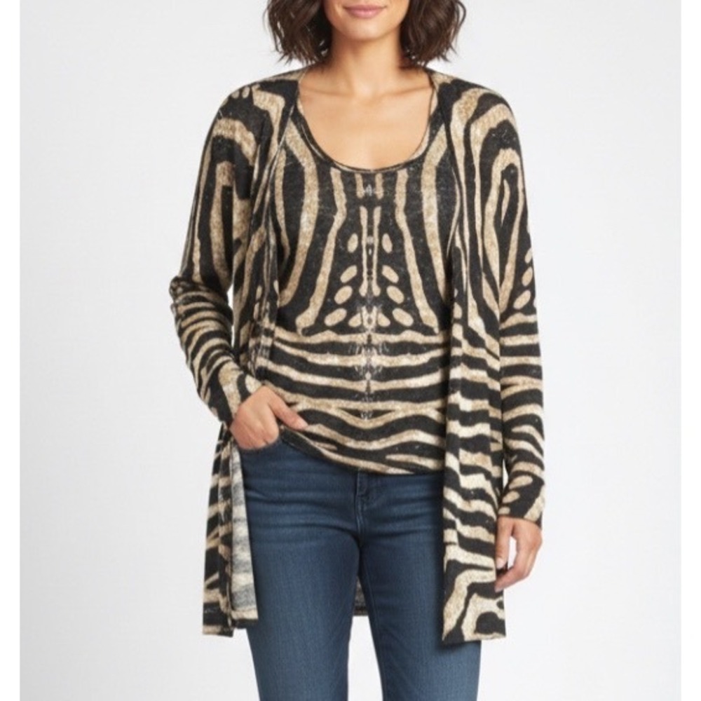 CULLEN 2Pc Lightweight LINEN BLEND Black/Brown ANIMAL PRINT Cardigan Tank Top L